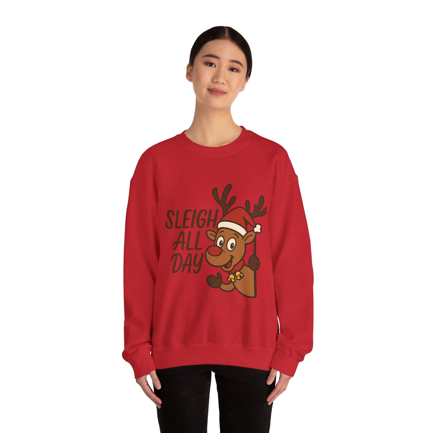 Christmas Reindeer Sweatshirt - "Sleigh All Day" Cute Santa Hat Holiday Pullover Printify