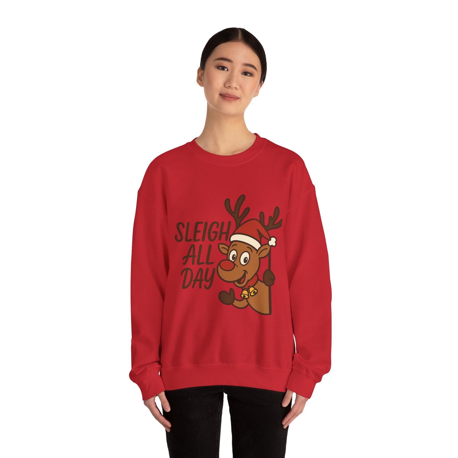 Christmas Reindeer Sweatshirt - "Sleigh All Day" Cute Santa Hat Holiday Pullover Printify