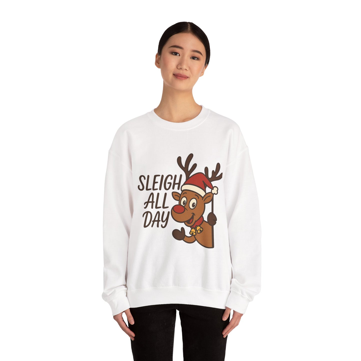 Christmas Reindeer Sweatshirt - "Sleigh All Day" Cute Santa Hat Holiday Pullover Printify