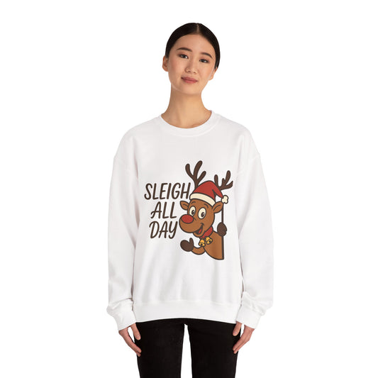 Christmas Reindeer Sweatshirt - "Sleigh All Day" Cute Santa Hat Holiday Pullover Printify