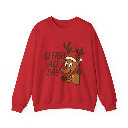 Christmas Reindeer Sweatshirt - "Sleigh All Day" Cute Santa Hat Holiday Pullover Printify