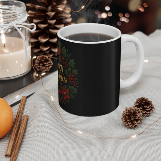 Merry Christmas Wreath Mug — 11oz Holiday Coffee Cup Printify