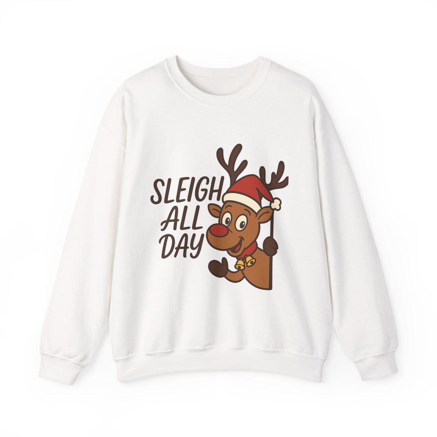Christmas Reindeer Sweatshirt - "Sleigh All Day" Cute Santa Hat Holiday Pullover Printify