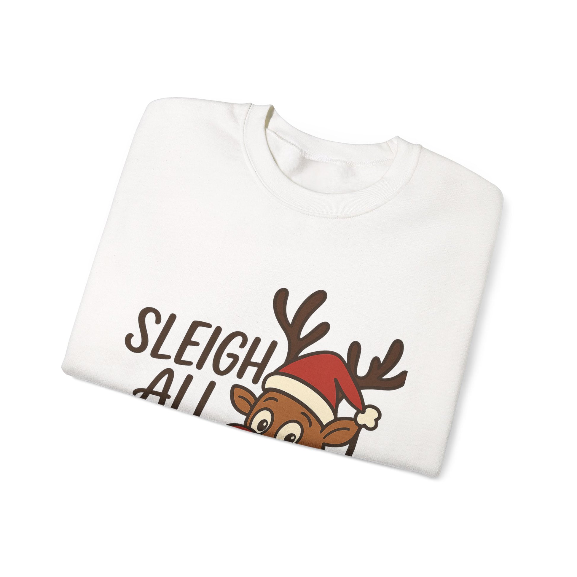 Christmas Reindeer Sweatshirt - "Sleigh All Day" Cute Santa Hat Holiday Pullover Printify