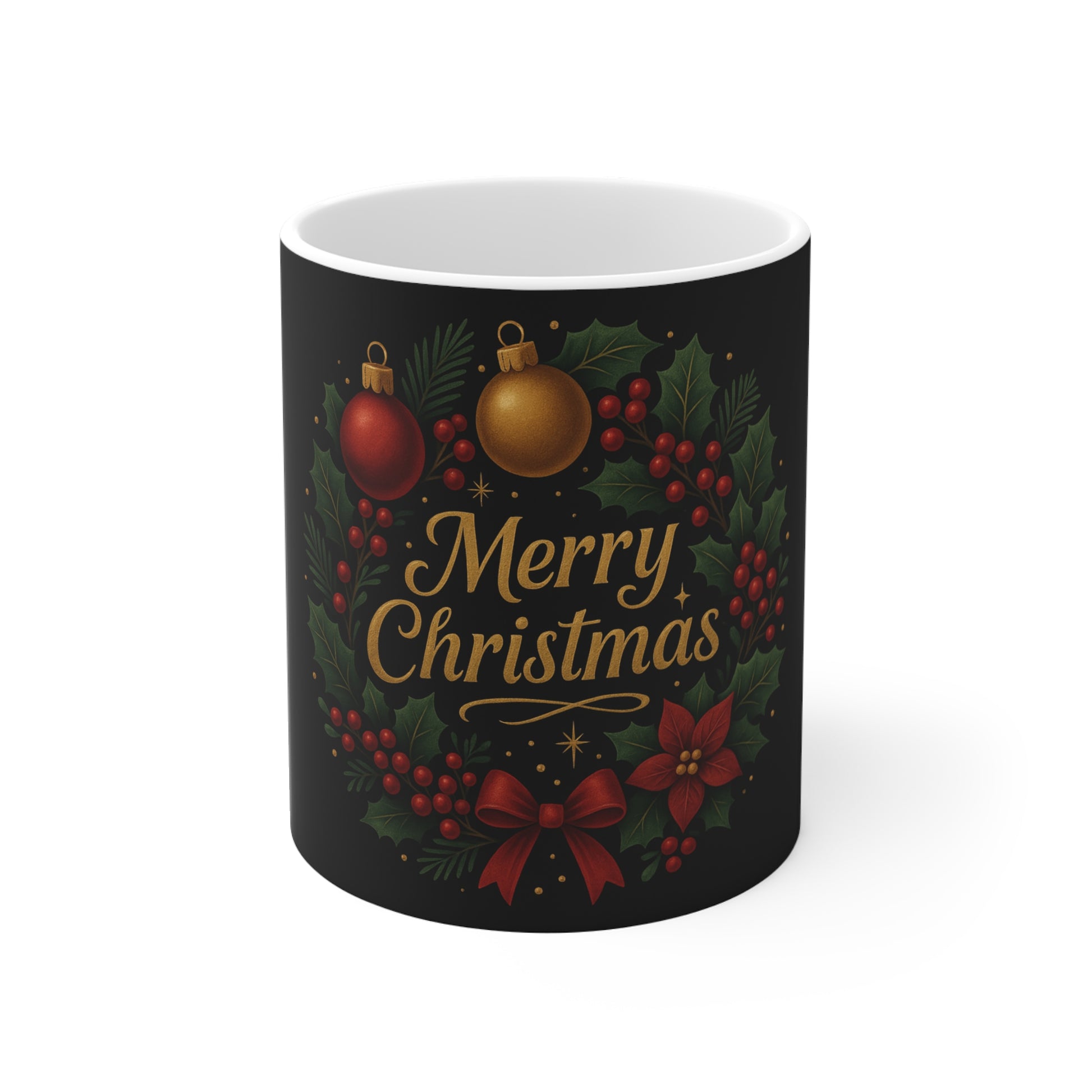 Merry Christmas Wreath Mug — 11oz Holiday Coffee Cup Printify