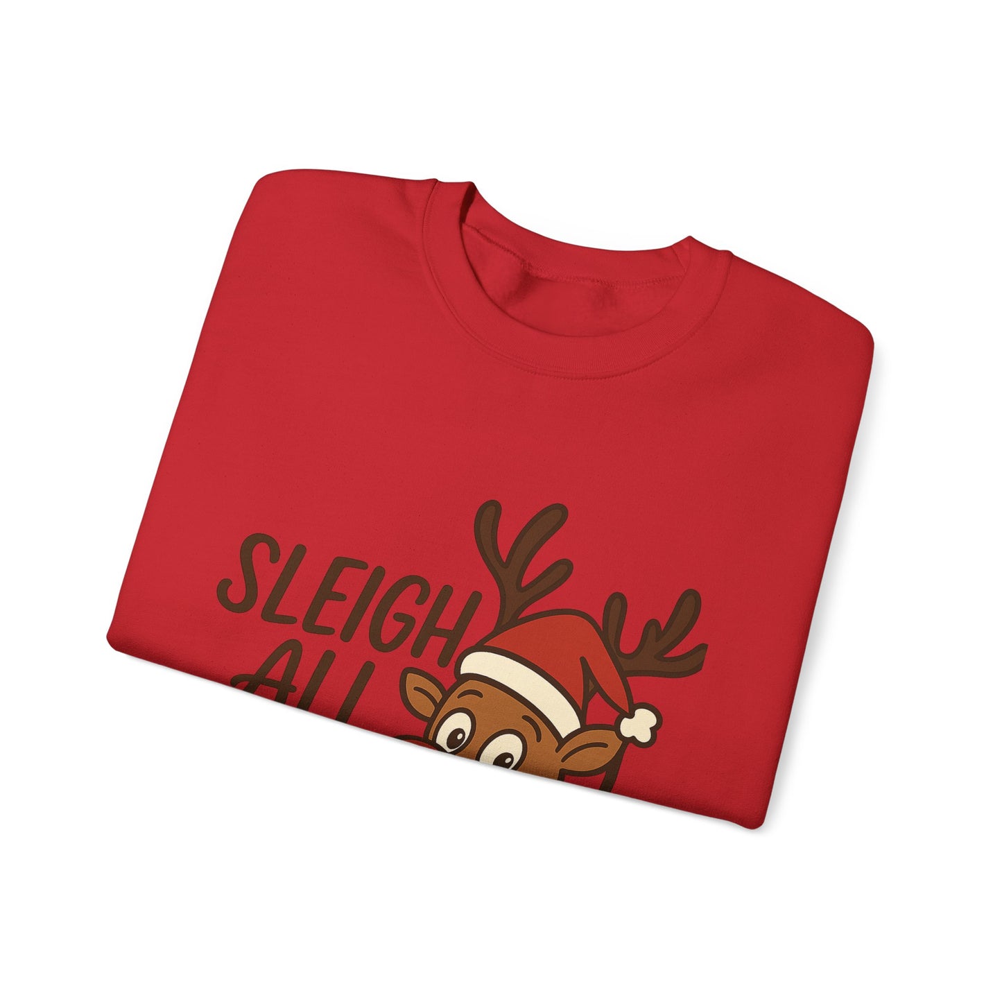 Christmas Reindeer Sweatshirt - "Sleigh All Day" Cute Santa Hat Holiday Pullover Printify